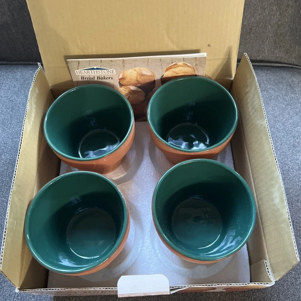 Hearthstone Bread Bakers Set of 4 Terracotta Green Glazed Clay Flower Pots